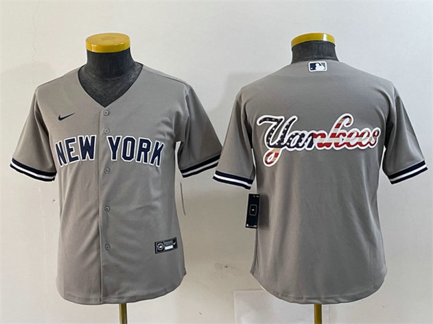 Youth New York Yankees Gray Team Big Logo Cool Base Stitched Baseball Jersey 1