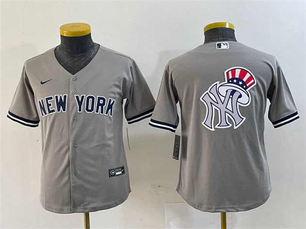 Youth New York Yankees Gray Team Big Logo Cool Base Stitched Baseball Jersey 4