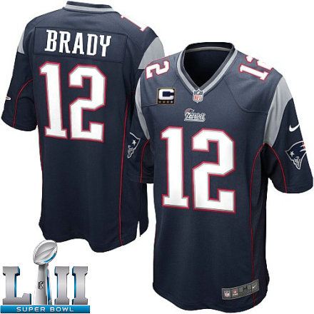 Youth Nike New England Patriots Super Bowl LII 12 Tom Brady Elite Navy Blue Team Color C Patch NFL Jersey