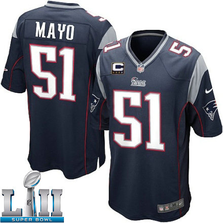 Youth Nike New England Patriots Super Bowl LII 51 Jerod Mayo Elite Navy Blue Team Color C Patch NFL Jersey