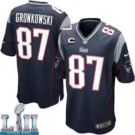 Youth Nike New England Patriots Super Bowl LII 87 Rob Gronkowski Elite Navy Blue Team Color C Patch NFL Jersey