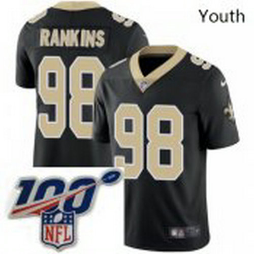 Youth Nike New Orleans Saints 98 Sheldon Rankins Black Team Color Vapor Untouchable Limited Stitched 100th anniversary Neck Patch NFL Jersey