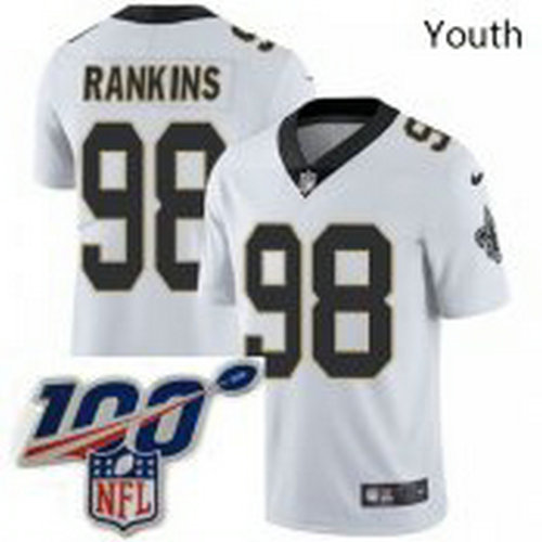 Youth Nike New Orleans Saints 98 Sheldon Rankins White Vapor Untouchable Limited Stitched 100th anniversary Neck Patch NFL Jersey