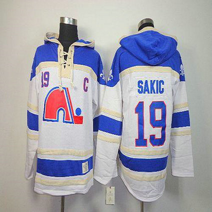 Youth Nordiques #19 Joe Sakic White Sawyer Hooded Sweatshirt Stitched NHL Jersey