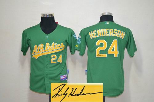 Youth Oakland Athletics 24 Ricky Henderson Green Signature Jerseys