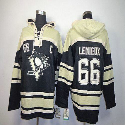 Youth Penguins #66 Mario Lemieux Black Sawyer Hooded Sweatshirt Stitched NHL Jersey