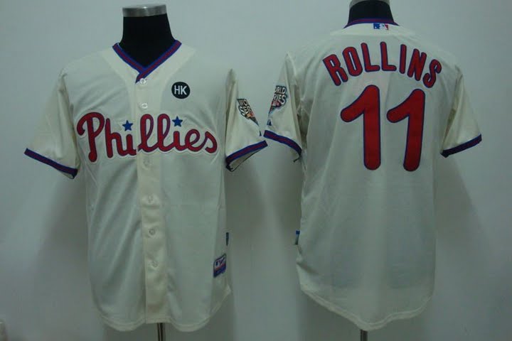 Youth Philadelphia Phillies #11 Rollins Cool Base Jersey w2009 World Series Patch color Cream