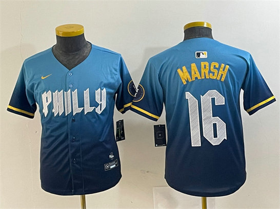 Youth Philadelphia Phillies #16 Brandon Marsh Blue 2024 City Connect Limited Stitched Baseball Jersey