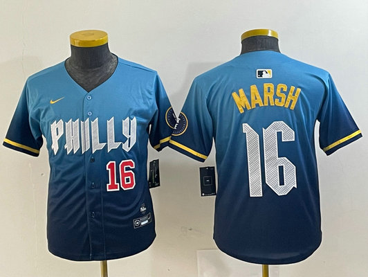 Youth Philadelphia Phillies #16 Brandon Marsh Blue 2024 City Connect Limited Stitched Jersey 2