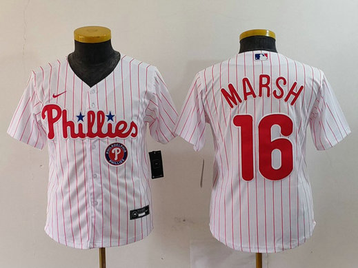 Youth Philadelphia Phillies #16 Brandon Marsh White Cool Base Stitched Baseball Jersey 2