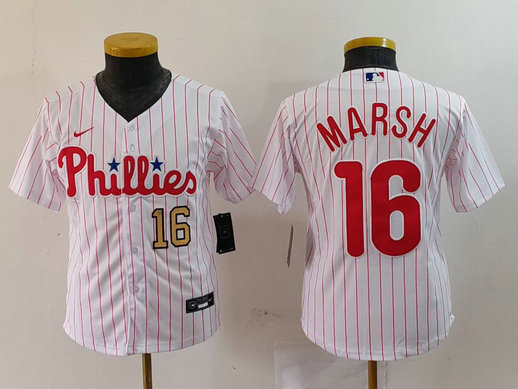 Youth Philadelphia Phillies #16 Brandon Marsh White Cool Base Stitched Baseball Jersey 3