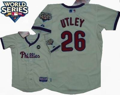 Youth Philadelphia Phillies #26 Chase Utley  Cool Base Jersey w2009 World Series Patch color Cream