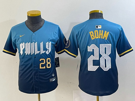 Youth Philadelphia Phillies #28 Alec Bohm Blue 2024 City Connect Limited Stitched Baseball Jersey 5