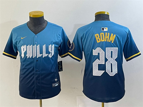 Youth Philadelphia Phillies #28 Alec Bohm Blue 2024 City Connect Limited Stitched Baseball Jersey