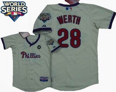 Youth Philadelphia Phillies #28 Jayson Werth Cool Base Jersey w2009 World Series Patch color Cream