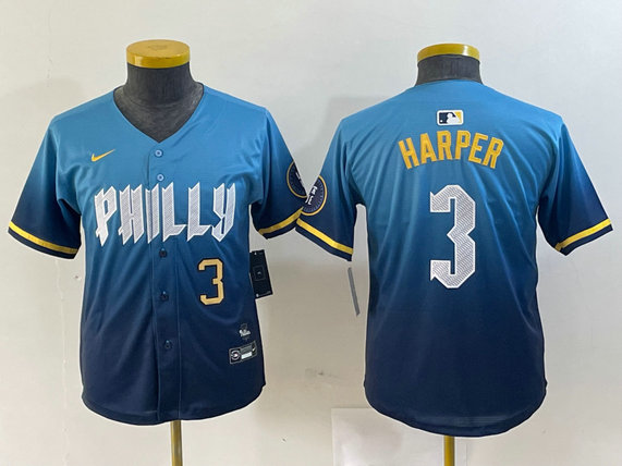 Youth Philadelphia Phillies #3 Bryce Harper Blue 2024 City Connect Limited Stitched Jersey 3