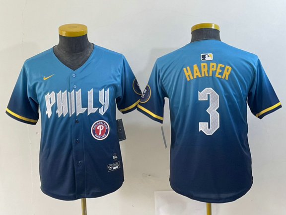 Youth Philadelphia Phillies #3 Bryce Harper Blue 2024 City Connect Limited Stitched Jersey 5