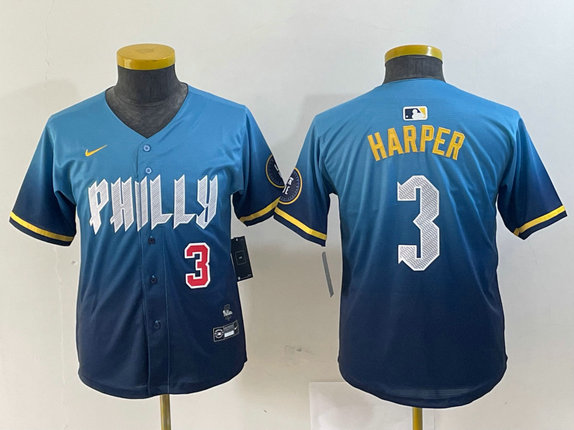 Youth Philadelphia Phillies #3 Bryce Harper Blue 2024 City Connect Limited Stitched Jersey