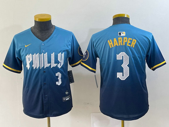 Youth Philadelphia Phillies #3 Bryce Harper Blue 2024 City Connect Limited Stitched Jersey 9