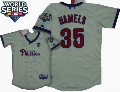 Youth Philadelphia Phillies #35 Cole Hamels Cool Base Jersey w2009 World Series Patch color Cream
