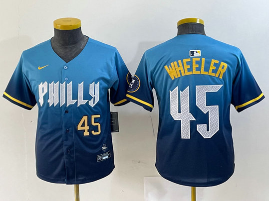 Youth Philadelphia Phillies #45 Zack Wheeler Blue 2024 City Connect Limited Stitched Baseball Jersey 4