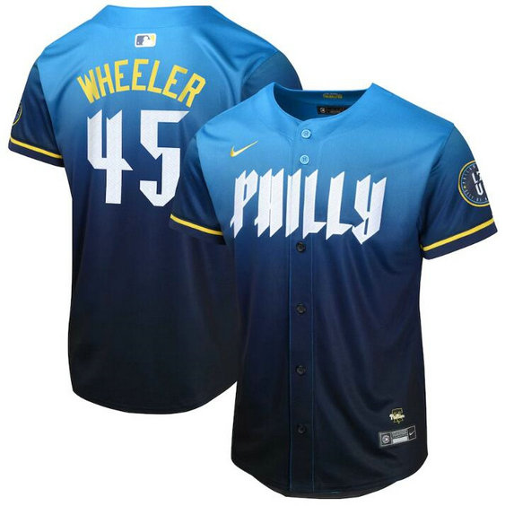 Youth Philadelphia Phillies #45 Zack Wheeler Blue 2024 City Connect Limited Stitched Baseball Jersey