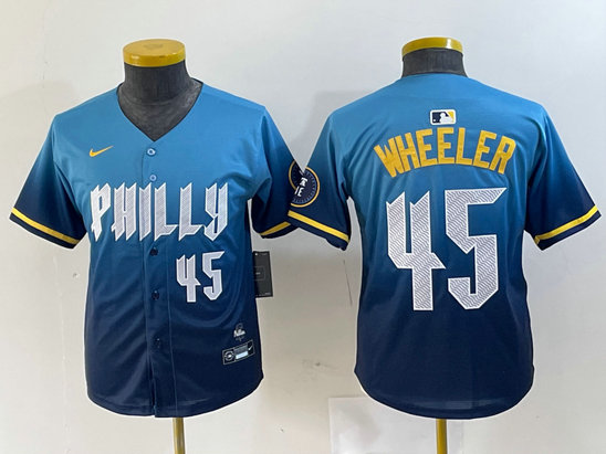 Youth Philadelphia Phillies #45 Zack Wheeler Blue 2024 City Connect Limited Stitched Baseball Jersey