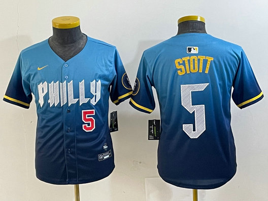 Youth Philadelphia Phillies #5 Bryson Stott Blue 2024 City Connect Limited Stitched Baseball Jersey 5