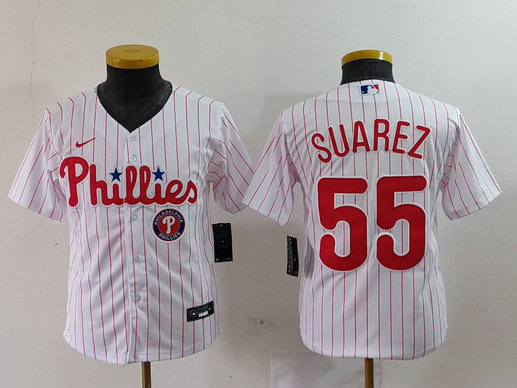 Youth Philadelphia Phillies #55 Ranger Su谩rez White Cool Base Stitched Baseball Jersey 1