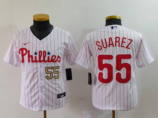 Youth Philadelphia Phillies #55 Ranger Su谩rez White Cool Base Stitched Baseball Jersey 2