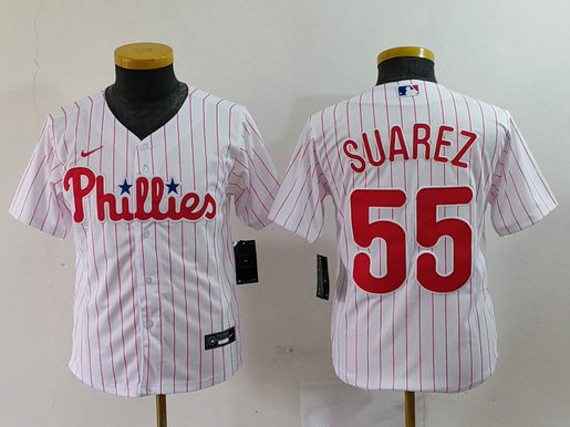 Youth Philadelphia Phillies #55 Ranger Su谩rez White Cool Base Stitched Baseball Jersey 4