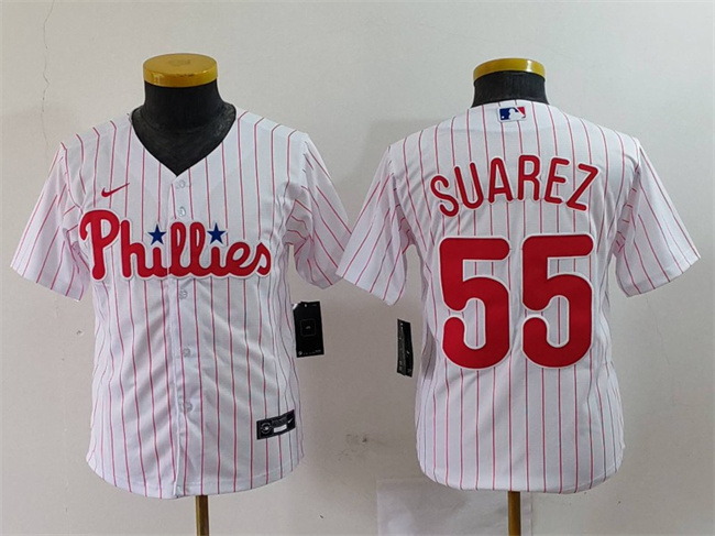 Youth Philadelphia Phillies #55 Ranger Su谩rez White Cool Base Stitched Baseball Jersey