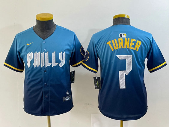 Youth Philadelphia Phillies #7 Trea Turner Blue 2024 City Connect Limited Stitched Jersey 1