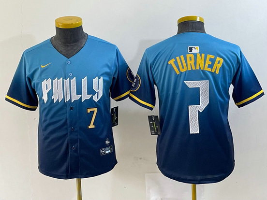 Youth Philadelphia Phillies #7 Trea Turner Blue 2024 City Connect Limited Stitched Jersey 2