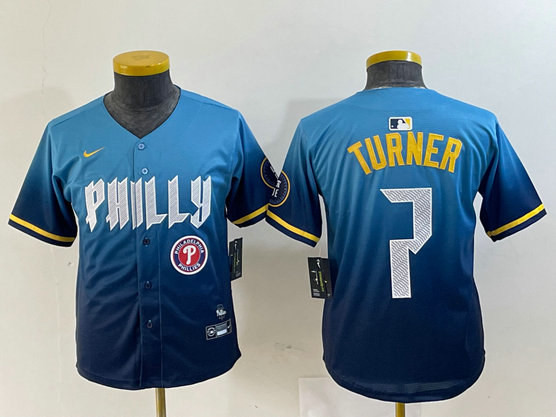Youth Philadelphia Phillies #7 Trea Turner Blue 2024 City Connect Limited Stitched Jersey 3