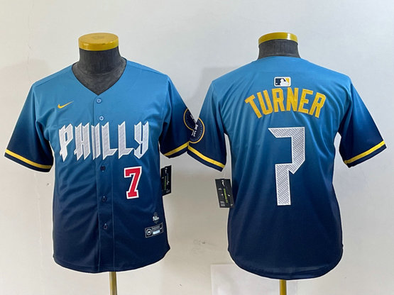 Youth Philadelphia Phillies #7 Trea Turner Blue 2024 City Connect Limited Stitched Jersey 4