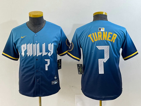 Youth Philadelphia Phillies #7 Trea Turner Blue 2024 City Connect Limited Stitched Jersey 5