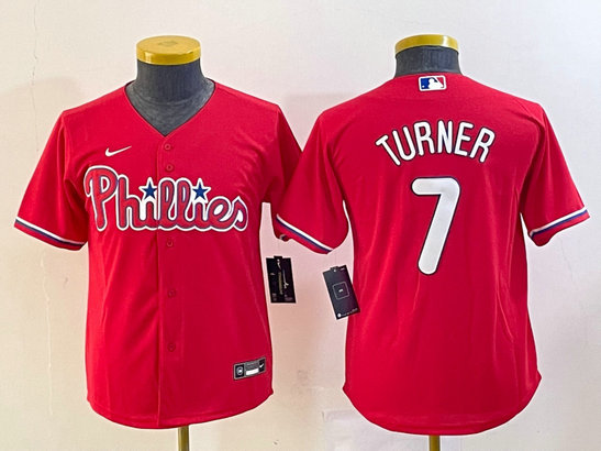 Youth Philadelphia Phillies #7 Trea Turner Red Cool Base Stitched Baseball Jersey