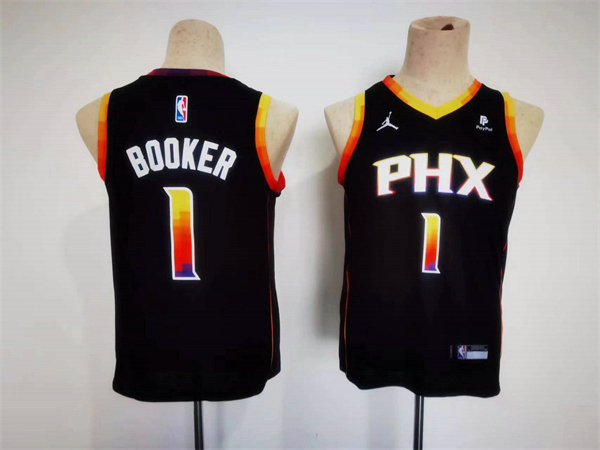 Youth Phoenix Suns #1 Devin Booker Black 2022 23 Statement Edition Stitched Basketball Jersey