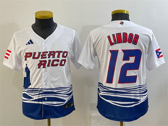 Youth Puerto Rico Baseball #12 Francisco Lindor 2023 White World Baseball Classic Replica Stitched Jersey