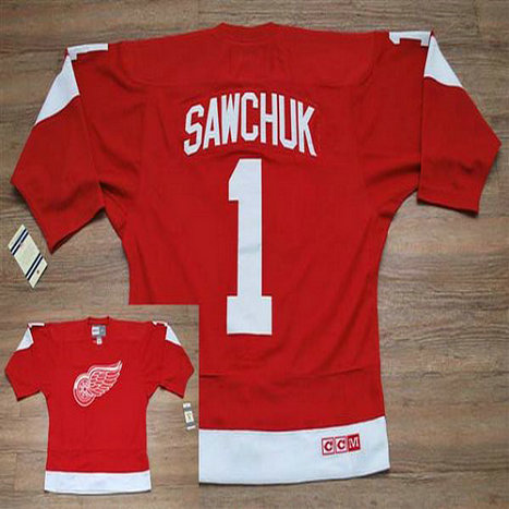Youth Red Wings #1 Terry Sawchuk Stitched Red CCM Throwback NHL Jersey