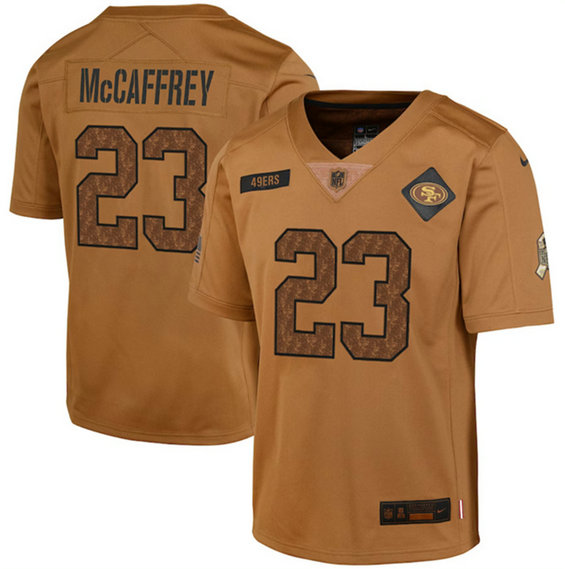 Youth San Francisco 49ers #23 Christian McCaffrey 2023 Brown Salute To Service Limited Stitched Football Jersey