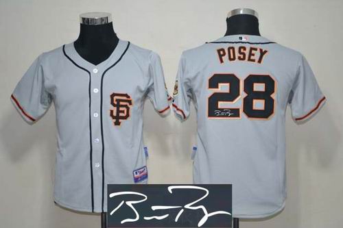 Youth San Francisco Giants #28 Buster Posey grey signature Jersey