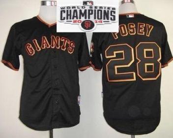 Youth San Francisco Giants 28 Buster Posey Black 2014 World Series Champions Patch Stitched MLB Baseball Jersey