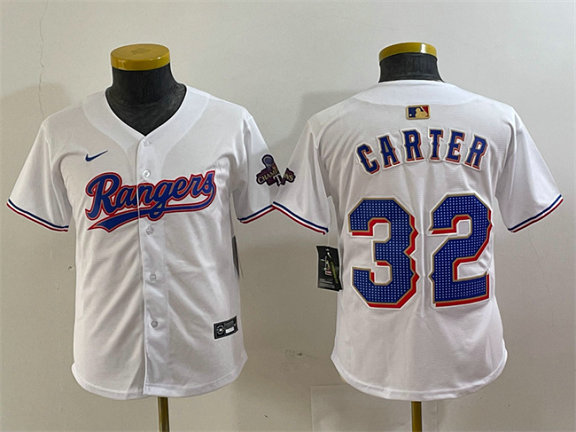 Youth Texas Rangers #32 Evan Carter White Gold Stitched Baseball Jersey