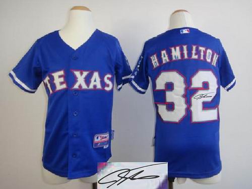 Youth Texas Rangers #32 Josh Hamilton blue signature jerseys