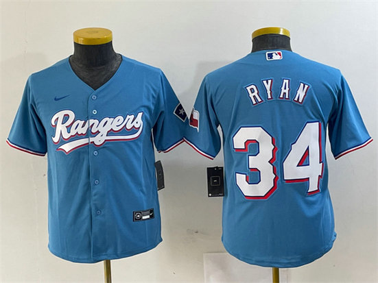 Youth Texas Rangers #34 Nolan Ryan Blue With Patch Stitched Baseball Jersey