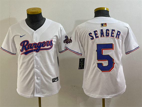 Youth Texas Rangers #5 Corey Seager White Gold Stitched Baseball Jersey