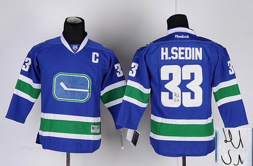 Youth Vancouver Canucks #33 H.Sedin C patch blue 3rd signature jerseys