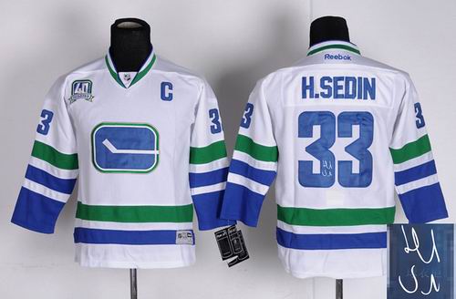 Youth Vancouver Canucks #33 H.Sedin C patch white signature 3rd jerseys